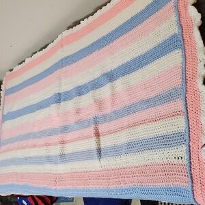 Hand Made Crochet Afghan Baby Throw Blanket Striped Toddler 64”x36”